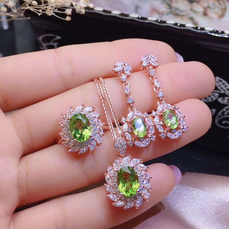 S925 Silver Gilded Peridot Jewelry Set.Ring,Earrings,Necklace Set.