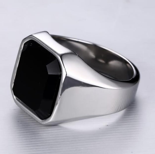 Men’s Silver-Tone Stainless Steel Ring with Polished Black Agate
