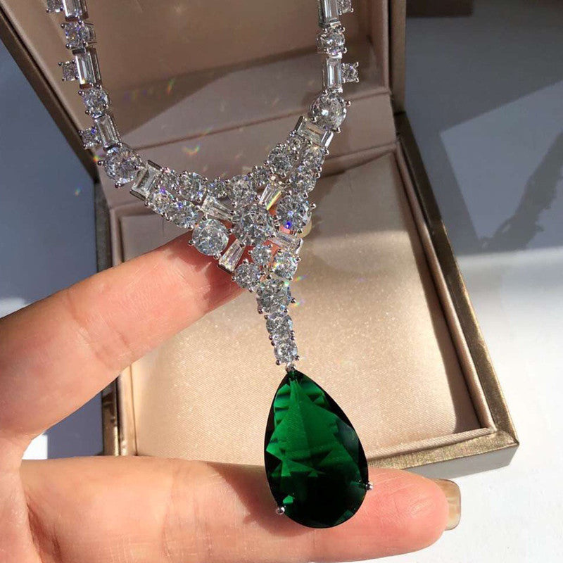 Silver Gold-plated Moissan Diamond Pendant Natural Emerald Necklace.