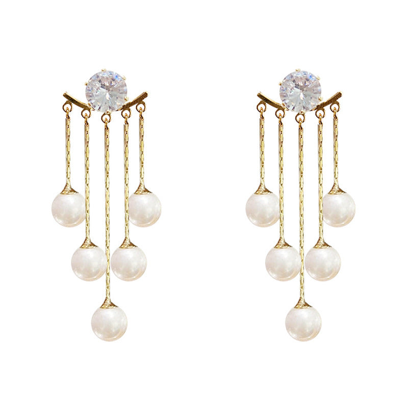 Korean Rhinestone Pearl Tassel Earrings for Women - Exquisite Imitation Pearls, CZ Bowknots, Perfect for Wedding Jewelry.