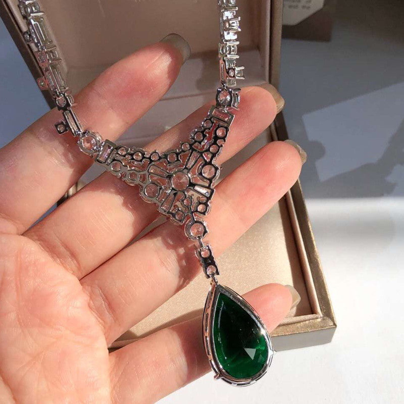 Silver Gold-plated Moissan Diamond Pendant Natural Emerald Necklace.
